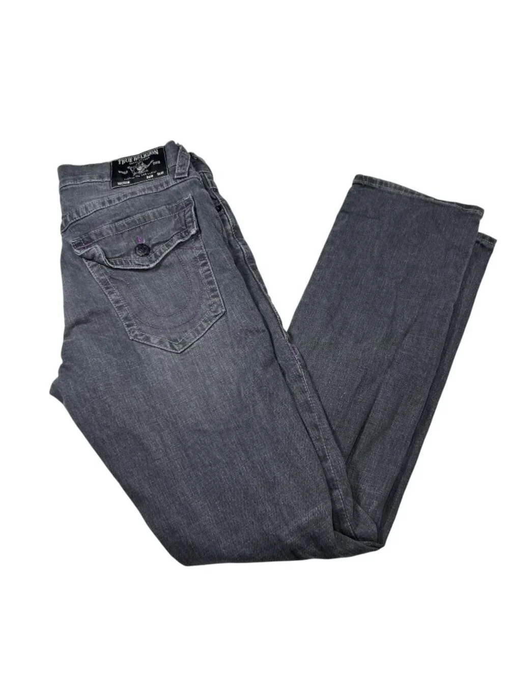 True Religion Mens Gray Ricky Relaxed Straight Distressed Jeans Size 34x33 Y2K